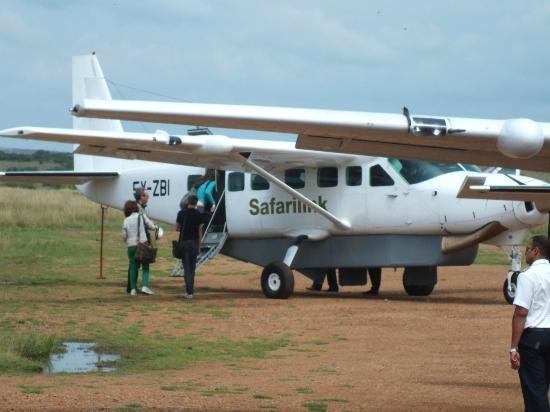 Small aircraft landing on remote airstrip with safari vehicles and wildlife in the background